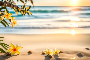 Frangipani ,Plumeria flower on the floor with sunset background at the sea beach