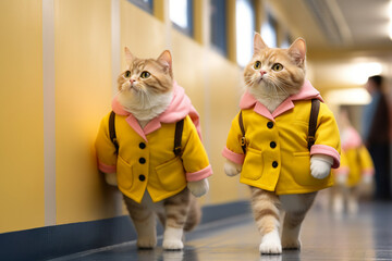 Generative Ai collage portrait of two twin cats wear similar clothes carry backpack walk transport isolated on underground background