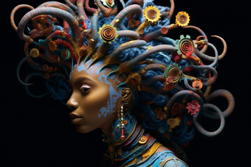 Generative Ai collage image of beautiful painted body art girl artificial jewelry accessory hair isolated on black background