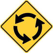 Vector Graphic Of A Usa Roundabout Highway Sign. It Consists Of A Three Curved Black Arrows Forming An Anti Clockwise Circle Within A Black And Yellow Square Tilted To 45 Degrees