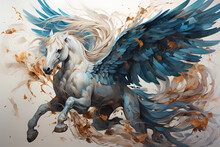 An Artistic Painting Of A Flying Horse With Colorful Wings, Generative AI