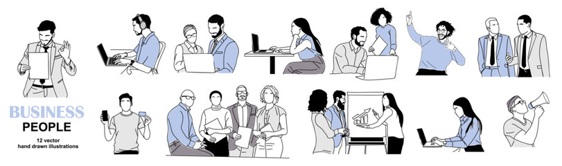 set of illustrations of business men and women working, meeting, talking, taking part in business ac