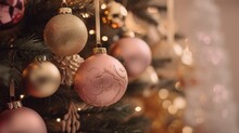 Pastel Pink Rose Christmas Baubles Hanging On Christmas Tree. AI Generative