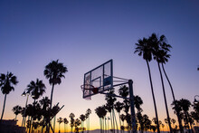 Silhouettes In The Colorful Sunset Sky Of Palm Trees, Basketball Hoops, And Other Things At Venice Beach In Los Angeles, California. 