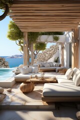 Wall Mural - Minimalist greek resort by the sea. Indoor outdoor space with lounging furniture, with cushions and throw. Generative AI