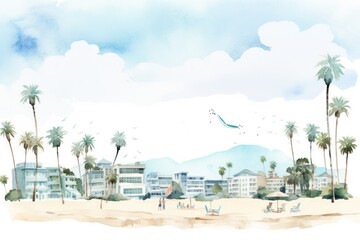 Wall Mural - Santa Monica clip art watercolor illustration