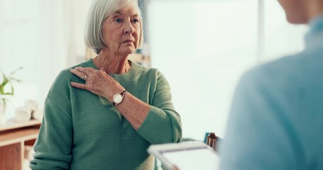 Poster - Shoulder pain, tablet or physiotherapist consulting old woman for injury, checkup or support in retirement. Elderly person talking, doctor or senior patient speaking for physiotherapy rehabilitation