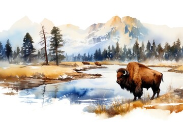 Wall Mural - Yellowstone National Park clip art watercolor illustration