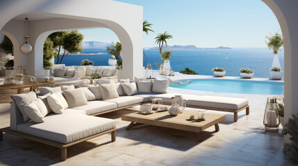 Wall Mural - Minimalist greek resort by the sea. Indoor outdoor space with lounging furniture, with cushions and throw. 