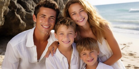 Happy family on the beach. Generative AI.