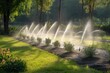 Green lawn automatic irrigation system in park. Watering lawn at hot summer. Outdoors. Generative AI.