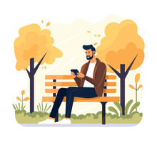 Young Man Sitting On Bench Park And Holding Phone,Young People Looking On Smartphones And Chatting