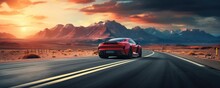 Fast Sports Car On Road With Shaped Mountains In Background, Travel Abroad Concept, Panorama.