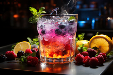 Wall Mural - Refreshment multicolor fruit cocktail with ice, lemon and mint in a bar, night club party with soft drinks