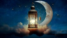 Islamic Background Latern And Cressent Moon At Night With Clouds Video Footage Beautiful View Background Looping Scenery 4k Quality