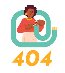 Poster - concentrated lady knitting warm scarf error 404 flash message. handicraft hobby. empty state ui desi