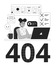 Poster - african american girl with many tasks black white error 404 flash message. remote work. monochrome e