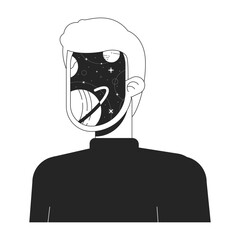 Poster - Planets galaxy mind bw concept vector spot illustration. Surreal face man 2D cartoon flat line monochromatic character for web UI design. Space surrealism male editable isolated outline hero image
