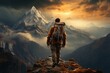 A determined hiker ascending a challenging mountain peak, symbolizing the journey to success. Generative Ai