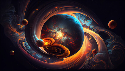 a swirling design with planets in the background and stars in the sky above it, ai generated image
