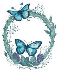 blue  flowers and butterflies forming a circle on a white background