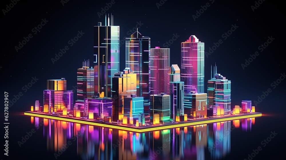 Isometric illustration of a capital city building with full neon colors ...