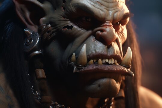 War-ready imposing orc portrait with fangs and cinematic lightning concept generative ai