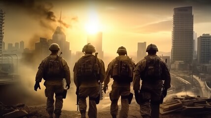 Wall Mural - Counter terrorist team on the move on war, US marines in action.