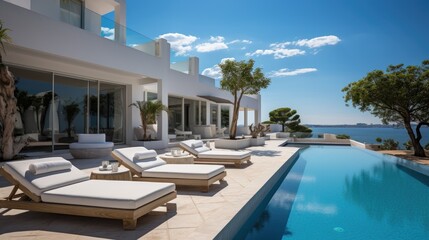 Wall Mural - Sea view luxury modern white beach hotel with swimming pool. Generative AI