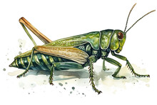 Watercolor Grasshopper Illustration On White Background