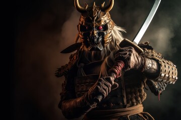 Warrior wearing japanese demon ori mask in a dramatic scene, traditional warrior armor concept generative ai