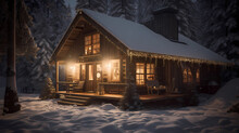 Step Into A Charming Cozy Rustic Cabin Nestled In The Heart Of A Lush Forest. The Scene Is Set During A Snowy Winter, With Frosted Windows And A Crackling Fireplace Filling The Space With Warmth. The 