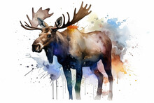 Watercolor Moose Illustration On White Background