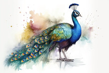 Watercolor Peacock Illustration On White Background