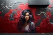 woman listening music graffiti on a wall. futuristic wall art graffiti. best graffiti with decent colors. graffiti of a woman. woman listening music on headphone graffiti.