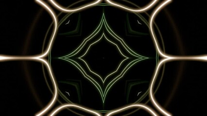 Poster - Geometric kaleidoscopic background with transforming shapes. Design. Moving neon silhouettes on a black background.
