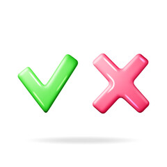 Poster - 3D Right and Wrong Button Shape. Green Yes and Red No Correct Incorrect Sign. Checkmark Tick Rejection, Cancel, Error, Stop, Negative, Agreement Approval or Trust Symbol. Vector Illustration