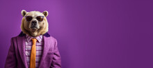 Cool Looking Bear Wearing Funky Fashion Dress - Jacket, Shirt, Tie, Dark Shades Sunglasses. Wide Banner With Copy Space Side. Stylish Animal Posing. Generative AI
