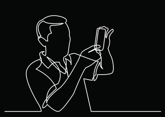 Poster - continuous line drawing vector illustration with FULLY EDITABLE STROKE of mobile phone usage digital gadget device smartphone app concept on black background