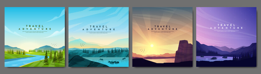 Wall Mural - vector illustration. set of mountain landscapes. geometric flat style. water flow by meadow, forest 