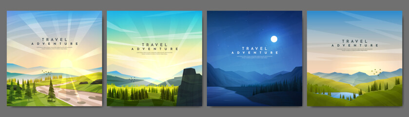 Wall Mural - Vector illustration. Mountain outdoor landscapes set. Colorful geometric flat style. Meadow path by trees, forest by cliff, night scene, lake. Design for web banner, blog post, social media template