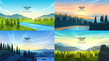 Wall Mural - vector illustration. mountain outdoor landscapes set. colorful geometric flat style. water flow by m