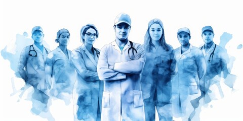  Blue Aquarelle Silhouette of Smiling Young Nurse and Doctors with Arms Crossed, Captured with the Style of Digital Airbrushing, Depicting Dedication in Intensive Care Unit