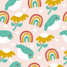 Seamless Pattern With Birds And Flowers