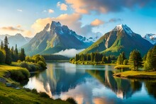 A Captivating Mountain Landscape Embraces A Meandering River, Painting A Picture Of Tranquility And Beauty.AI Generated