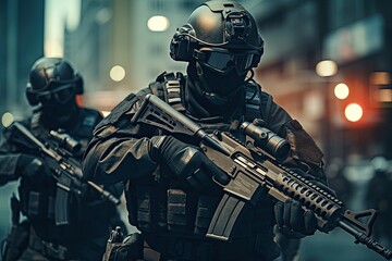 Spec cops police officers in action in the streets of the city. A military special force with futuristic tactical gear and weapons, AI Generated