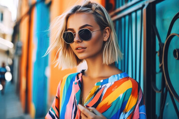 Young stylish woman with long blonde hair walks in front orange wall.