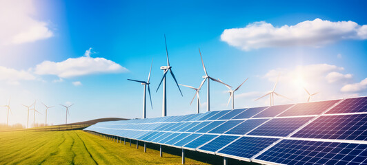 Wall Mural - rows of solar panels and wind turbines on green landscape - hybrid renewable energy generation conce