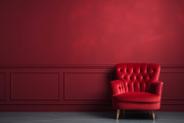 Wall Mural - Beautiful luxury classic velvet red clean interior room in classic style with velvet red soft armchair. Vintage antique velvet chair standing beside emerald wall. Minimalist home design. High quality