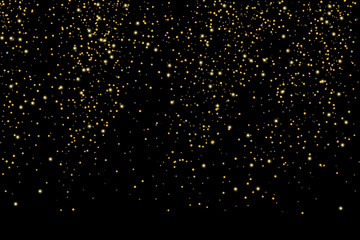 Gold glitter confetti on a black background. Shiny particles scattered, sand. Decorative element. Luxury background for your design, cards, invitations, vector